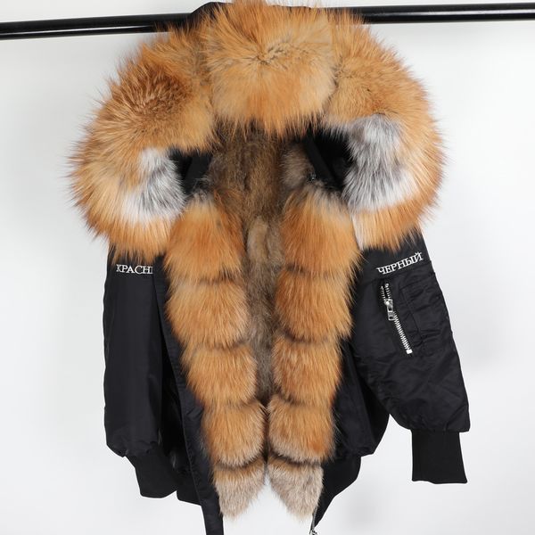 

maomaokong winter natural fox fur big fur collar removable lining warm loose women's coat park parker embroidered jacket 201029, Black