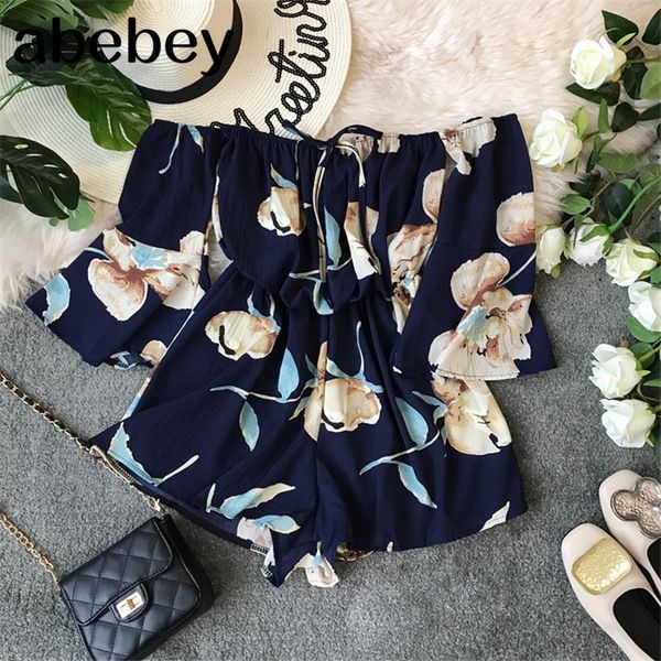 

fashion new off shoulder summer floral print rompers short jumpsuit casual women playsuit beach holiday high waist romper t200704, Black;white