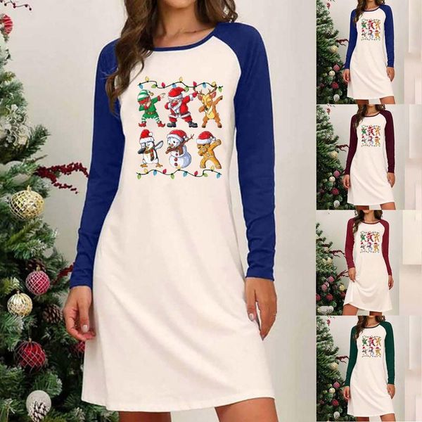 

casual dresses in stock autumn winter women fashion pullover christmas printing splicing long sleeves loose home mini dress sleepwear vestid, Black;gray