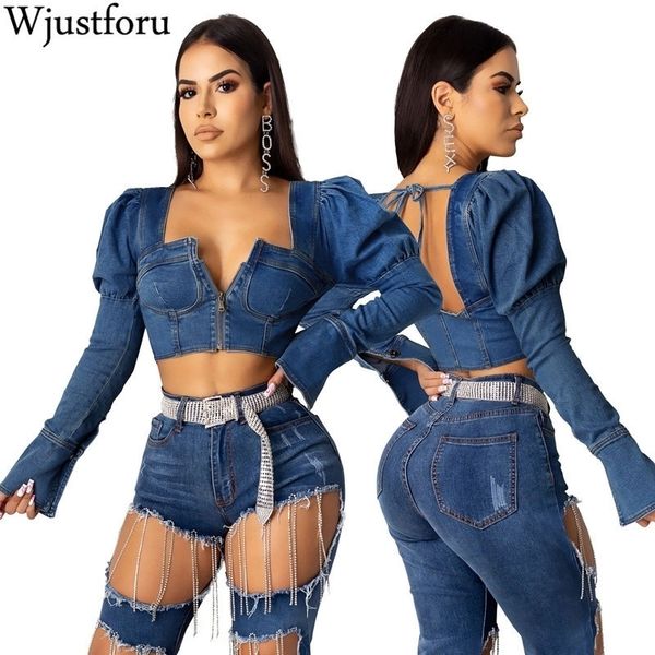 Wjustforu sexy bandage jaqueta de denim curta para mulheres zipper casual flare manga jean casaco feminino moda oca out party jaqueta 201026