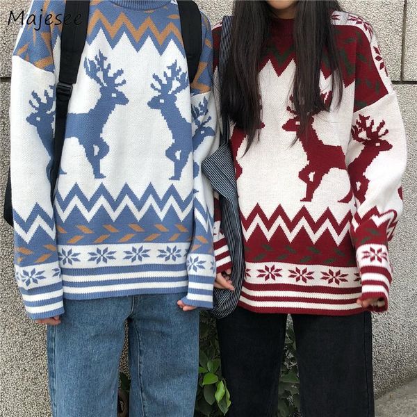 

men pullover lovely loose couples deer retro knitted sweater male all-match leisure warm oversize fashion comfortable streetwear, White;black