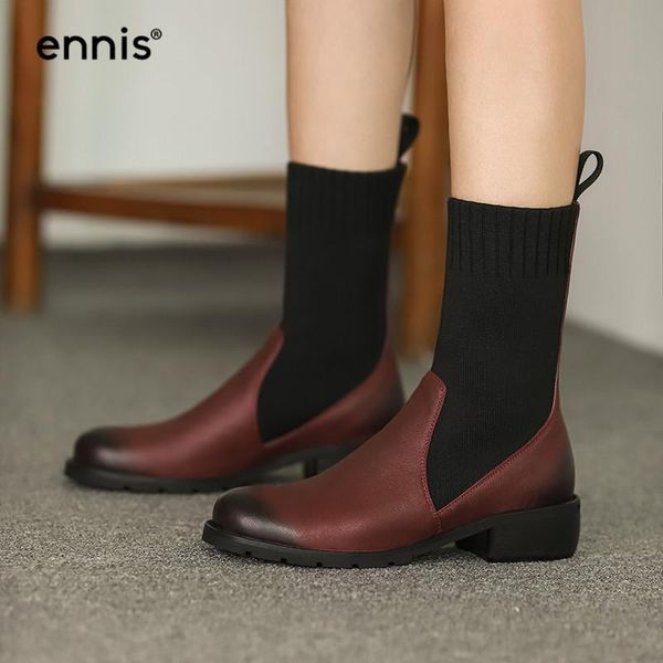 

ennis genuine leather ankle boots retro low heel boots women knitted stretch round toe burgundy shoes autumn winter a0127, Black