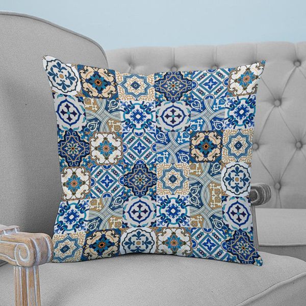 

pillow case portuguese ethnic flower pattern tile printed throw plush fabric pillowcase home decorative