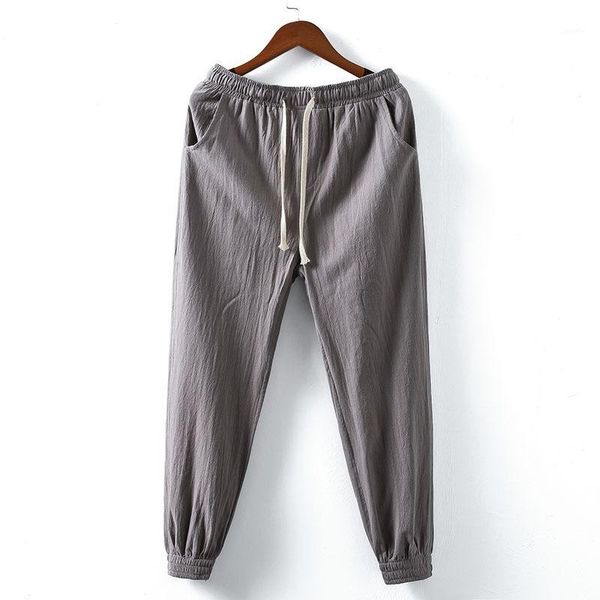 

chinese style cotton linen casual breathable bundles foot ankle-length pants solid color linen loose-fit harem bundles foot1, Blue