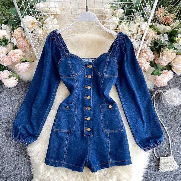 

ewq] 2020 spring summer long sleeve square collar single breasted buttons dark blue denim playsuits women romper mj1211, Black;white