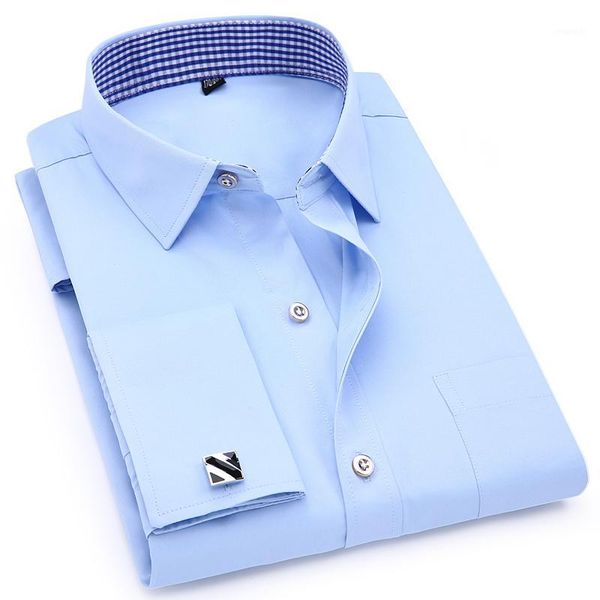 

french cuff men's long sleeve dress shirt slim fit male social business casual cufflinks wedding banquet shirt, White;black
