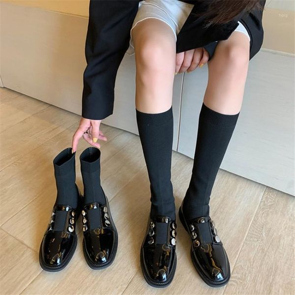 

boots 2021 winter women flat shoes skinny sock short and high women1, Black