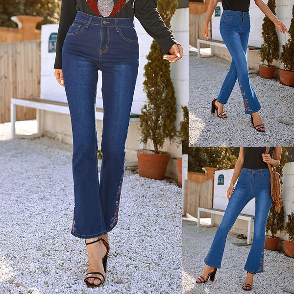 

2020 high waist elastic embroidery wide leg slim pants micro trumpet jeans for women, Blue