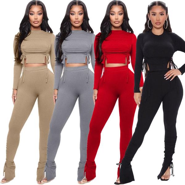 

2 piece set women crop shirt and stacked leggings pants drawstring pleated ruched outfits sweatsuit high waist knit bodycon, Gray