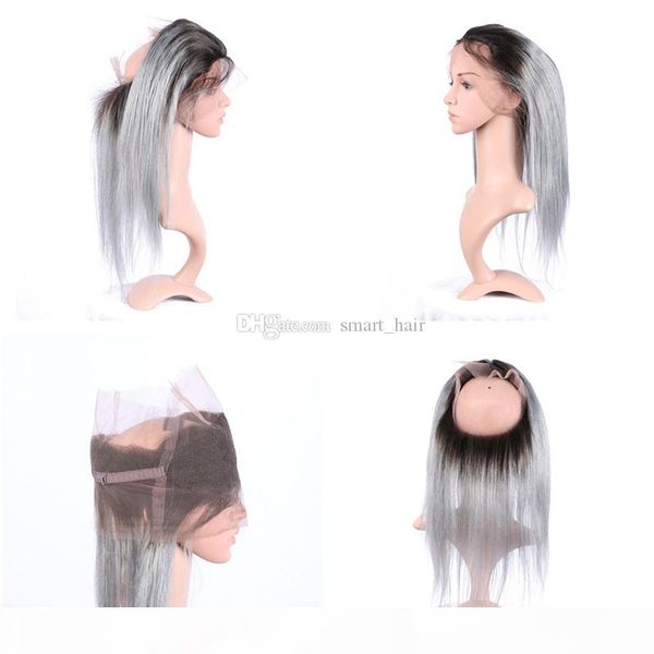 

ombre color 1b grey straight 360 lace band frontal sliver grey dark root 1b grey pre plucked 360 lace band frontal, Black;brown