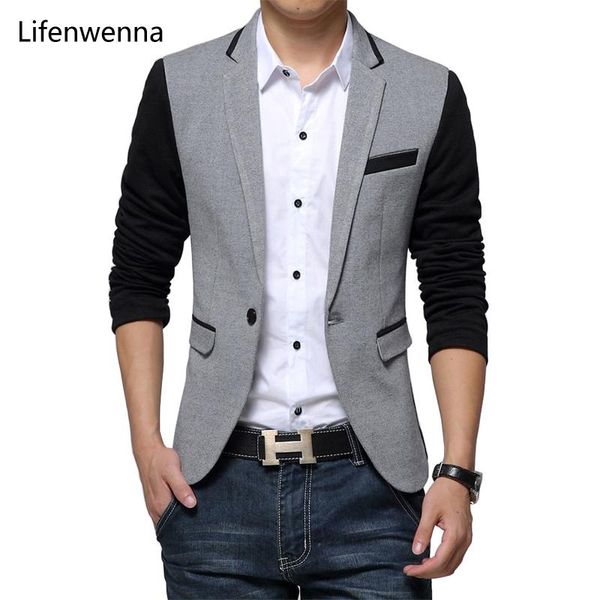 

2021 new slim fit mens casual jacket single button cotton blazer jacket men classic gray mens suit patchwork coat men 6xl, White;black