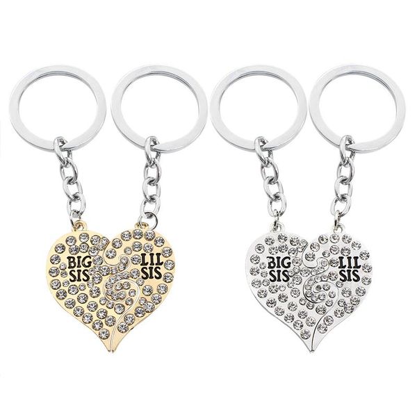 

keychains 2 pcs/set full crystal sister keychain big little key ring chain sis lil heart shape rhinestone keyring, Silver