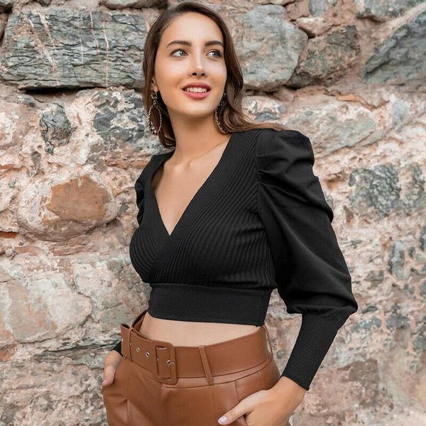 

women's lady v-neck crop slim slim fit shirts puff long sleeve solid color blouse1, White