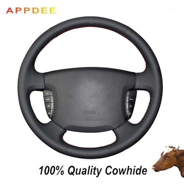 

black genuine leather steering wheel cover for couro artificial preto para ssangyong actyon kyron1