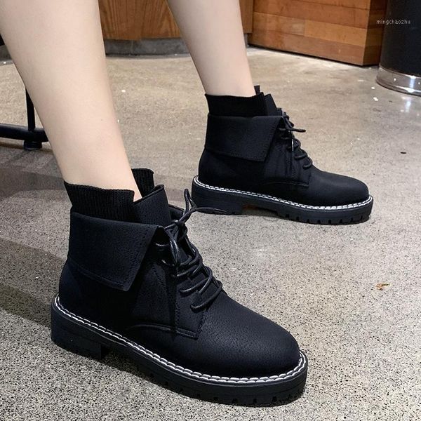 

boots solid black leather plus size autumn winter flock ankle women shoes woman lace up sewing platform ladies1