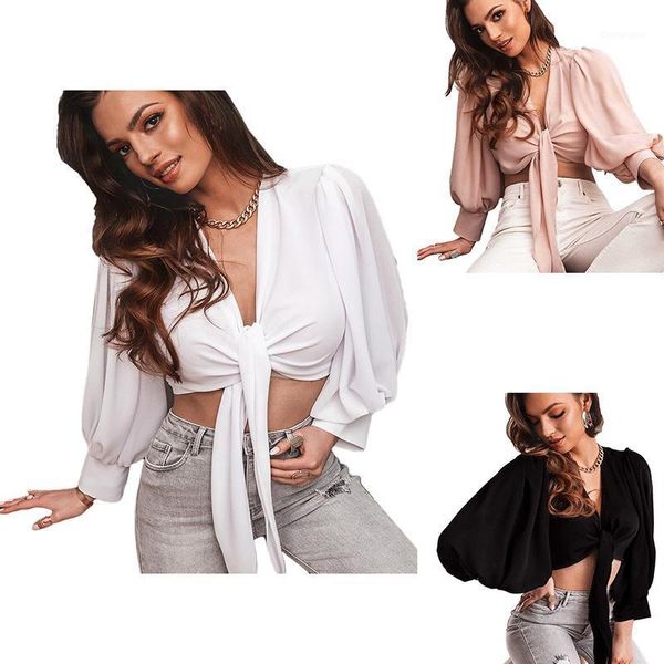 

women summer casual lantern sleeve shirt bow lace up solid blouse summer loose blouse1, White