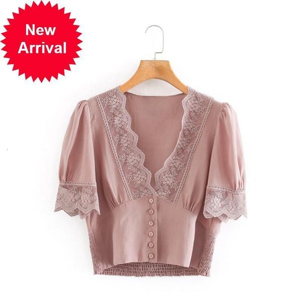 

new design 2021 of the fashion brand pink shredded lace blouse summer new short sleeve with cleavage in chic v shirt clothes x1sw, White
