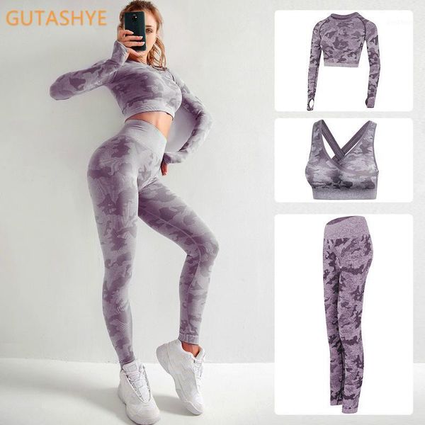 

yoga outfits 3pcs/set camouflage set women seamless fitness bra sports high waist gym camo leggings pants suits workout1, White;red