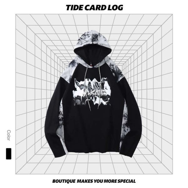 

autumn tie dyed stitched hooded sweater high street dark tide paitou hat men's and women's top, Black