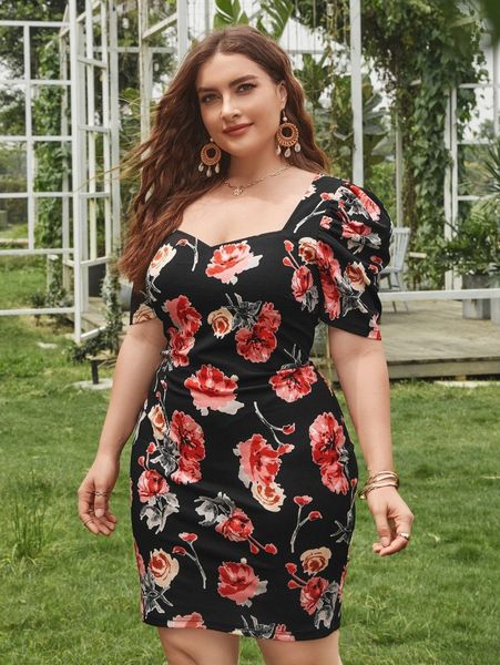 

plus puff sleeve floral print fitted dress 54bq#, Black