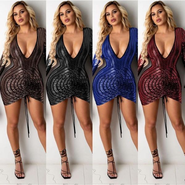 

felyn 2021 dress solid sequins v-neck long sleeve ruched celebrity party mini dress vestidos, Black;gray