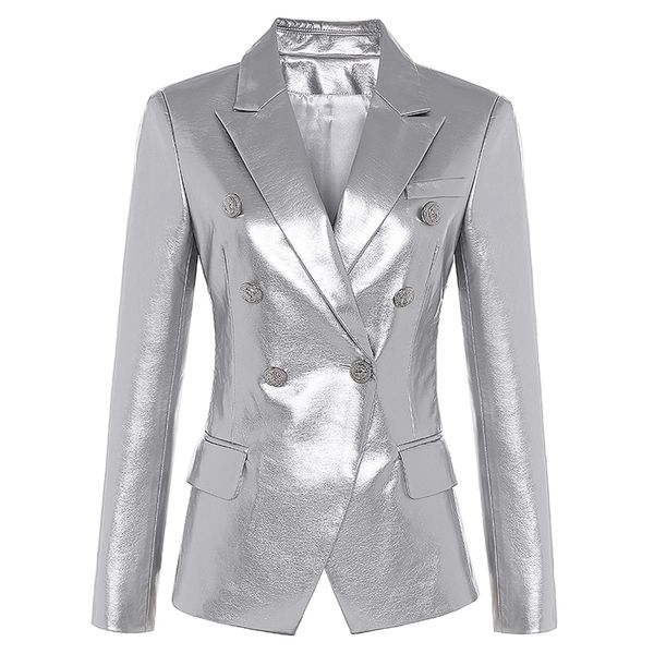 

fall winter designer blazer jacket women's lion metal buttons double breasted synthetic leather blazer overcoat 201201, White;black