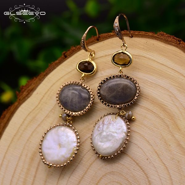 

glseevo natural fresh water baroque white pearl long drop earrings for women dance wedding earrings luxury fine jewelry ge0405 210202, Golden