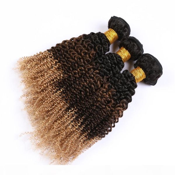 

#1b 4 27 ombre kinkys curly indian human hair weave bundles honey blonde ombre virgin hair extensions three tone double wefts 3pcs 300gram, Black
