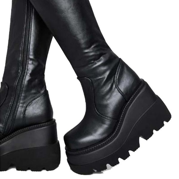 

boots fashion chunky women leather zipper knee-length motorcycle female platform shoes non-slip black botas mujer