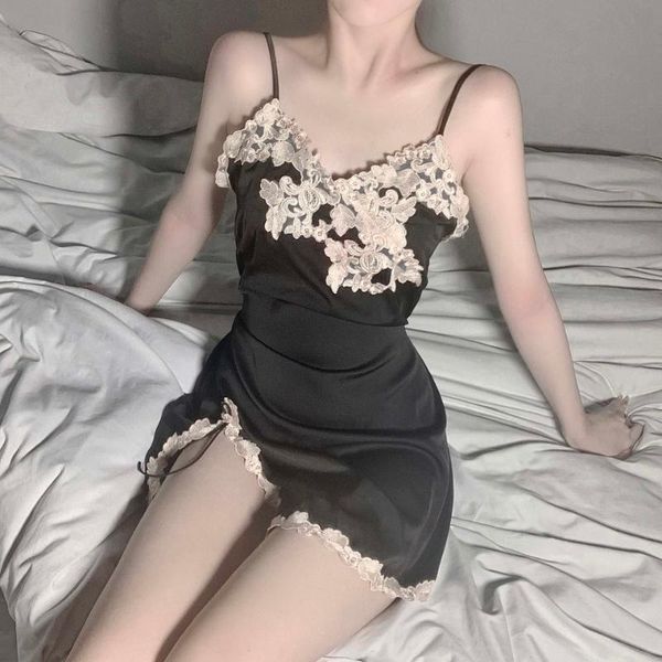 

camisoles & tanks style women nightgown lingerie lace nightie perspective sleepwear net yarn sleep condole belt skirt suits camisole, Black;white