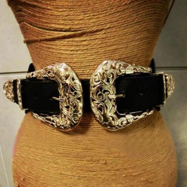 

ewq] fashion female vintage strap metal pin buckle leather belts women elastic designer gold hollow out wide waist belts, Black;brown