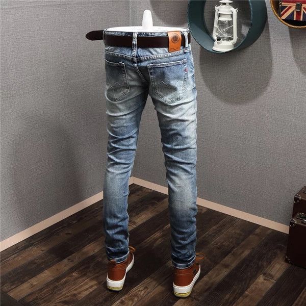 

2020ss mens jeans rips stretch black jeans italy fashion slim fit washed motocycle denim pants panelled hip hop trousers, Blue
