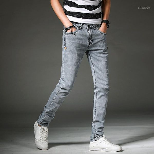 

2019 men's new mid-rise jeans smoke gray feet pencil pants1, Blue