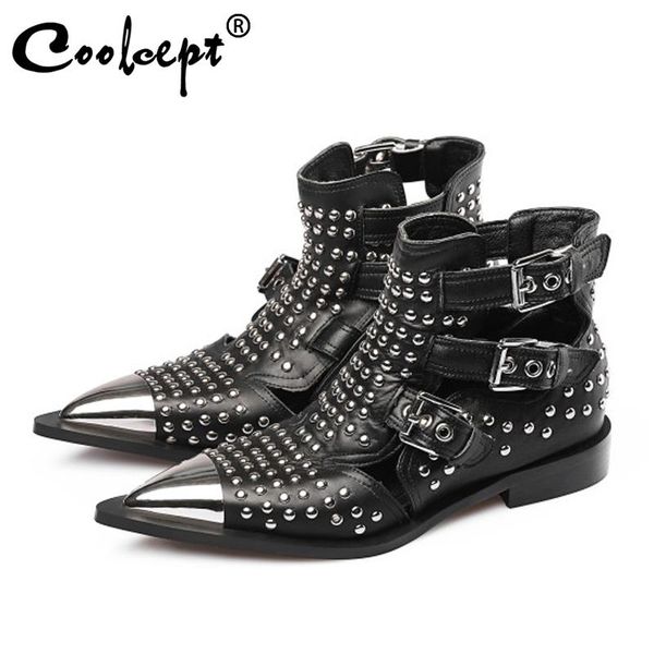 

coolcept size 34-43 woman ankle boots real leather rivets buckle woman summer short boots cool punk women shoes club footwear, Black