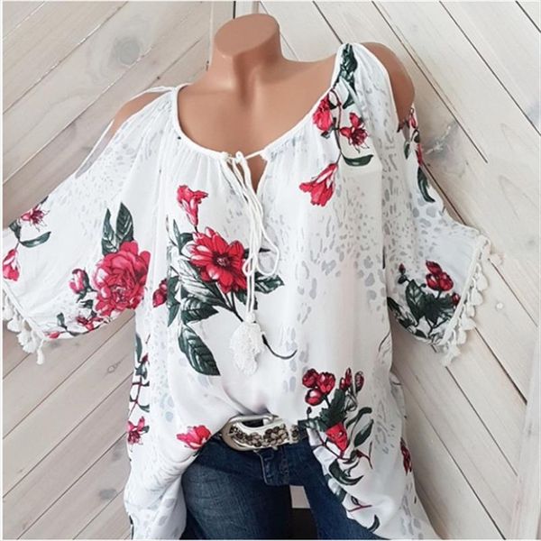 

fashion loose large size shirt print shirt tassel lace casual short sleeved blouse drop shipping good quality, White