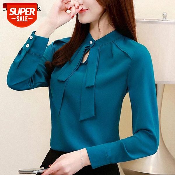 

new autumn plus size women blouses bow casual chiffon blouse shirt long sleeve office solid women shirts blusas mujer 2236 #yh1g, White