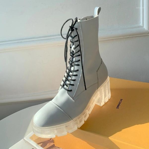 

new genuine leather transparent heels women boots lace-up female ankle platform winter shoes1, Black