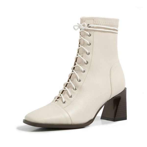 

fashion platform winter party wedding ankle boots genuine leather shoes woman lace up high heels boots square toe ladies1, Black