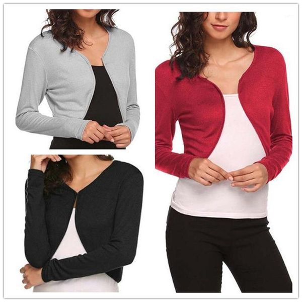 

solid womens knitting woman sweater basic wrap autumn spring black short open stitch slim covered button1, White