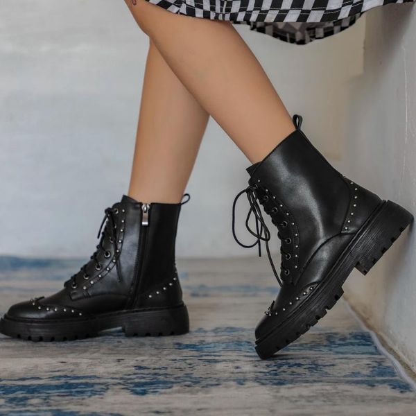 

boots brand cool chic rivets shoelaces skidproof rubber sole motorcycles stylish winter shoes women, Black