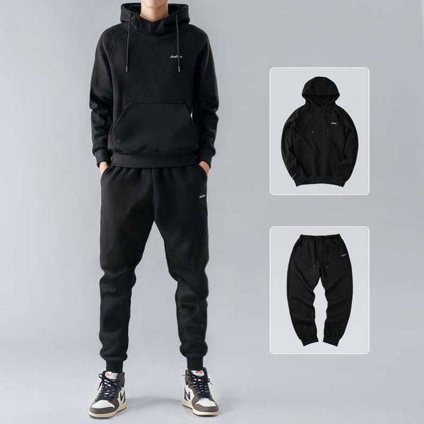

sweater suit men's 2020 new wear hooded sports leisure trend autumn and winter plush coat, Black