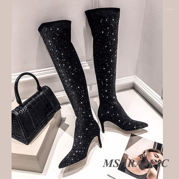 

fashion inlaid crystal high heel long boots suede pointed toe high heel ankle boots winter street ladies slim party shoes1, Black
