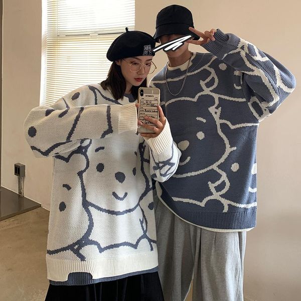 

women's sweaters couples cartoon loose knitted pullover sweater 2021 autumn winter round neck long sleeve oversize casual jumper pull, White;black