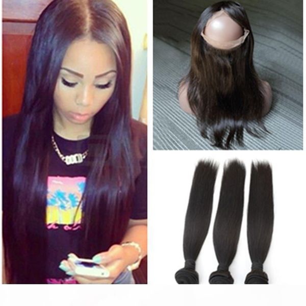 

9a grade 360 lace frontal closure with bundles straight unprocessed peruvian virgin human hair weaves with 360 lace band closure 4pcs lot, Black;brown