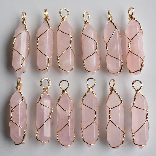 

gold wire natural stone rose quartz amethyst charms hexagonal healing reiki point pendants for jewelry making, Bronze;silver