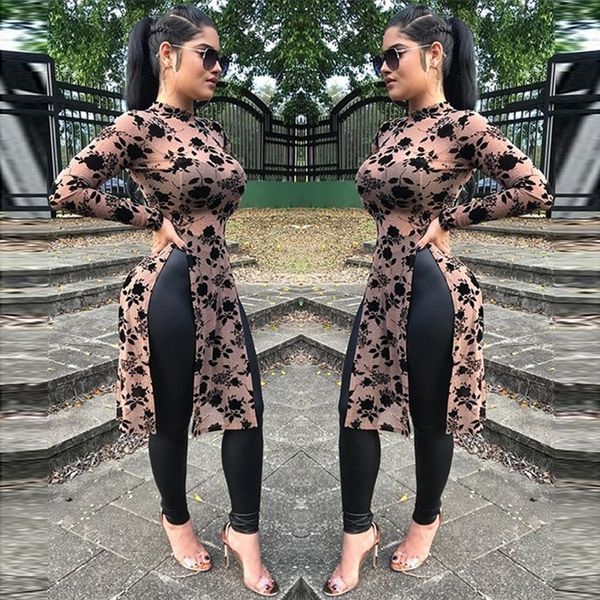 

spring women fashion mesh print long high collar high split casual shirts long sleeve womens shirts roupas feminina, White