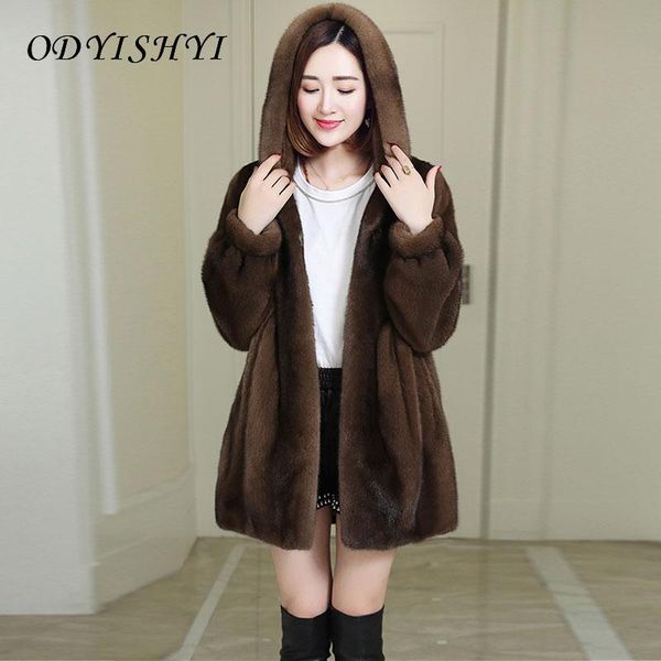 

new 2020 autumn winter imitation mink velvet overcoat women thick warm outwear hooded mid length faux fur coat female parka d369, Black
