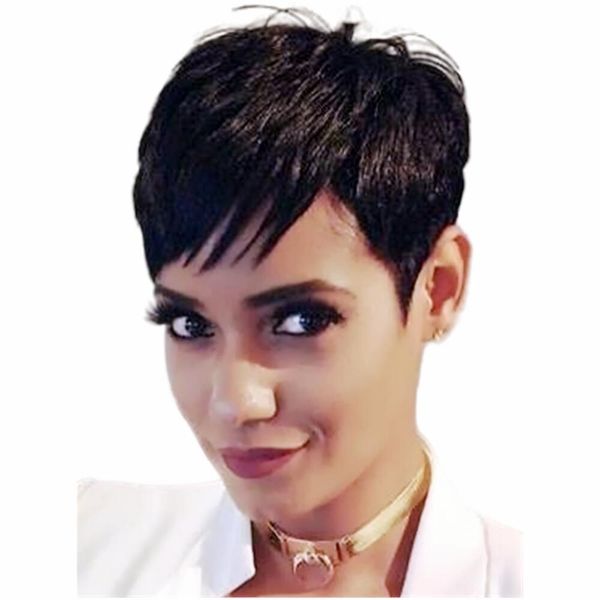 

brazilian human hair very black straight pixie cut wig daily party women full machine no lace front wigs natural color hair short hairstyles, Black;brown