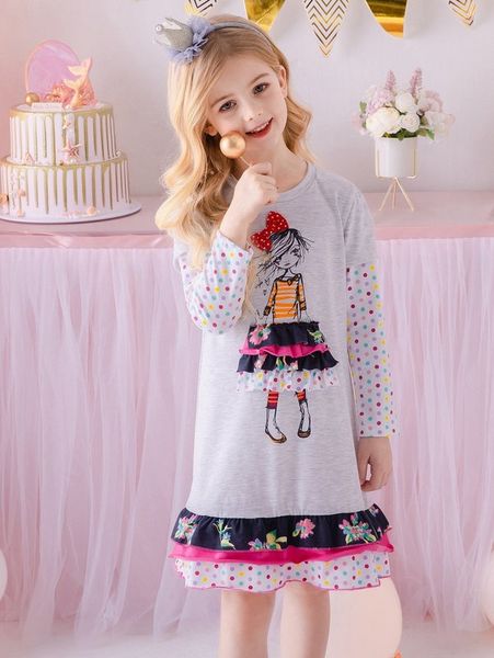 

girls figure & polka dot print layered hem 2 in 1 dress she, Red;yellow