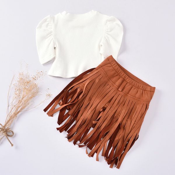 

wholesale 2021 new spring summer girl 2-pcs sets white puff short sleeve t-shirt + brown tassel skirt kids outfits e3003